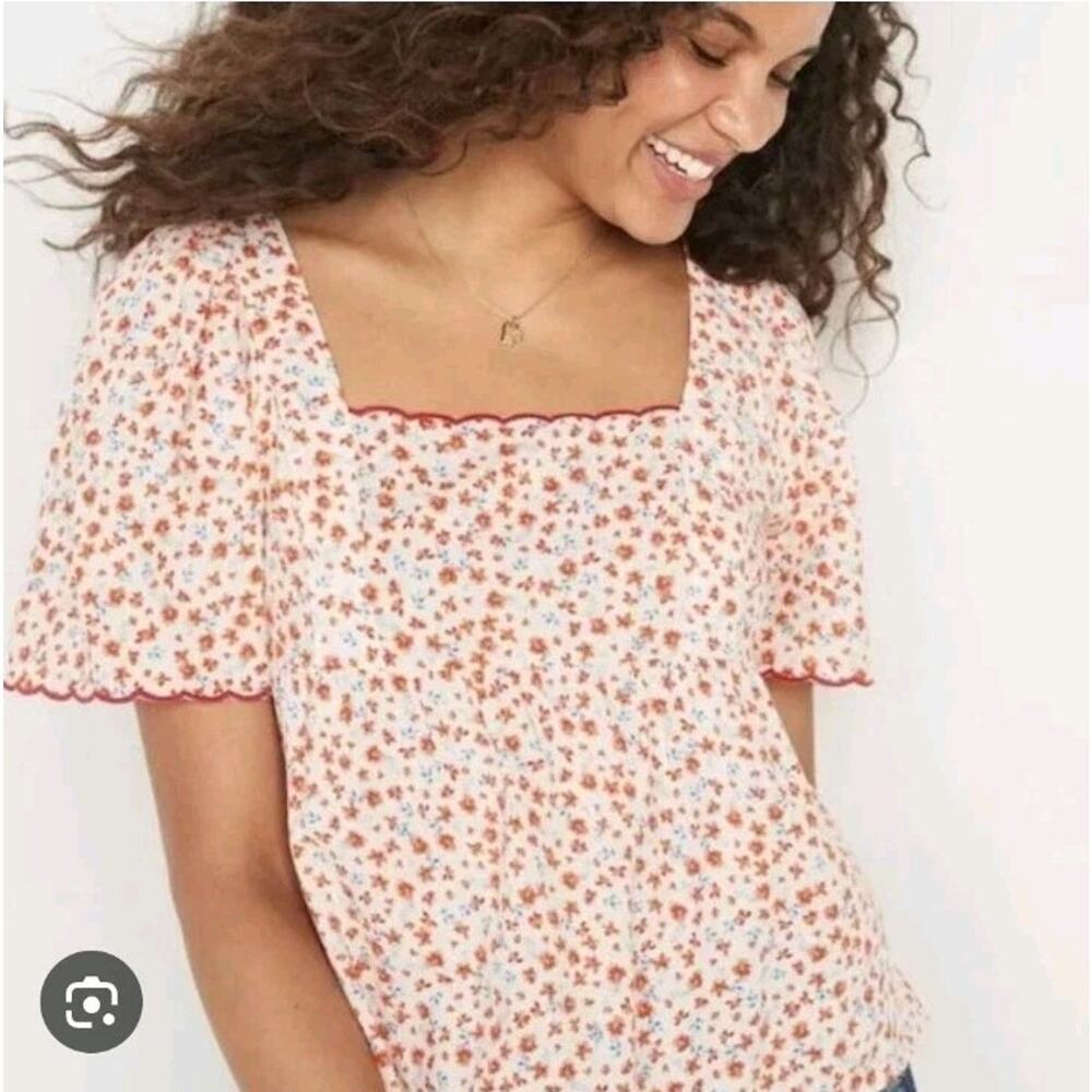 Old Navy White Orange Ditzy Floral Girly Flutter Sleeve Swing Blouse Size XL